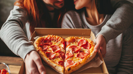 Playful photo of a couple enjoying a heart-shaped pizza together, adding a touch of humor to the romantic celebration, Valentine's Day, pizza love, hd, playful with copy space