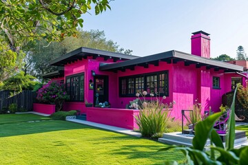 A side angle view of a craftsman house in a bright fuchsia pink, with a backyard boasting a modern...