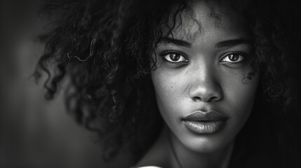Black and white photo of a woman with striking features, emphasizing the beauty in diversity, remarkable faces, black and white portrait, hd, diverse with copy space