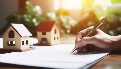 Close up of man hand signing loan document for home ownership mortgage and real estate property investment completing important paperwork, home loan paperwork picture