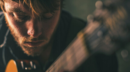 Close-up of a musician lost in the rhythm, capturing the emotional connection to their craft, remarkable faces, musician portrait, hd, emotional with copy space