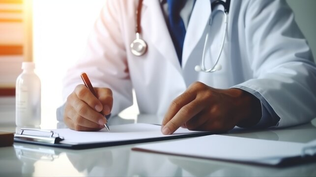 Medical professional at table prescribing medication for patient with copy space for text or design, health insurance forms image
