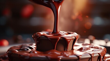 A close-up shot of a chocolate fountain pouring rich milk chocolate into a pool of sweetness.