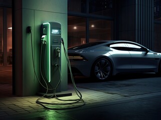 Electric car charging station at night. 3D rendering. Shallow DOF.