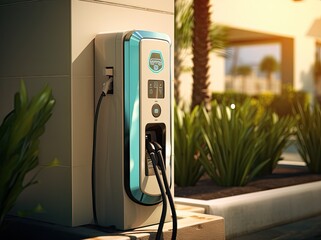 Electric car charging station outdoors, closeup. Alternative energy concept.