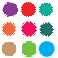 Set of vector starburst, sunburst badges. Starburst sale sticker. Colored stickers. Sunburst price tags, colors silhouettes on white background