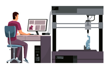 Developer and Engineer using 3d Printer for Creating Model in Laboratory. Modeling Printing Progress, Additive Technology Development, Innovation. Cartoon Flat Vector Illustration