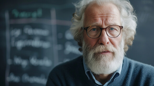 Environmental portrait of a teacher, conveying wisdom and patience in their expression, remarkable faces, teacher portrait, hd, wise with copy space