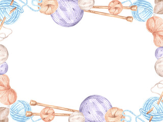 Watercolor rectangular frame made of balls and skeins of wool and knitting needles. Template illustration with copy space for hobby knitting. Isolated hand drawn for knitter blog, needlework store.