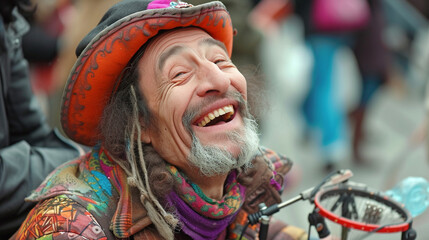 Candid photo of a street performer, capturing the joy and spontaneity in their facial expressions, remarkable faces, street performer portrait, hd, joyful with copy space