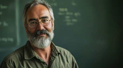 Environmental portrait of a teacher, conveying wisdom and patience in their expression, remarkable faces, teacher portrait, hd, wise with copy space - obrazy, fototapety, plakaty