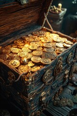 A photo of an ancient treasure chest overflowing with digital coins and USB drives, blending old and new wealth