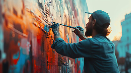 Candid shot of a street artist creating art, capturing the energy and enthusiasm in their face,...