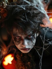 Child in Creepy Halloween Costume,
Close-up of a young child dressed in a spooky Halloween costume with striking makeup
