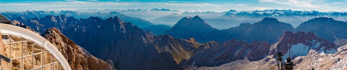 High resolution stitched alpine summer panorama at Mount Zugspitze, Top of Germany,...
