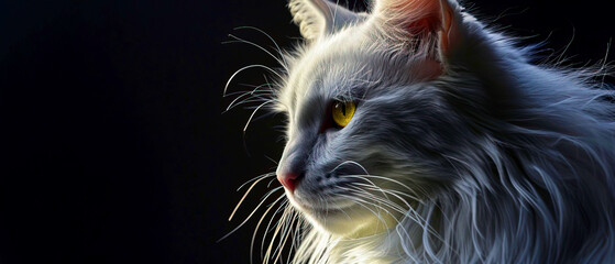 White fluffy cat on black background, copy space foe text