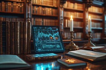A scene of an old library with books about traditional finance, but with a glowing tablet showing crypto charts