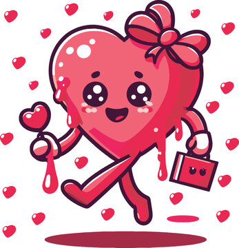Retro groovy set for Valentines Day. Hippie love sticker, funny characters in shape of heart, trend 60s 70s. Vector cartoon illustration