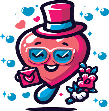Retro groovy set for Valentines Day. Hippie love sticker, funny characters in shape of heart, trend 60s 70s. Vector cartoon illustration