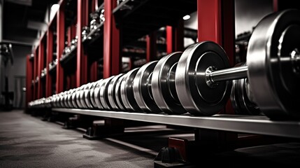 Fototapeta premium Rows of black dumbbells in a fitness center. generative AI