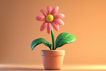 Naklejka na ściany i meble A 3D-rendered pink flower in a pot against a warm orange background