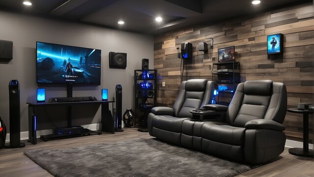 Luxurious Home Theater Room with Large Screen TV, Surround Sound Speakers, and Reclining Leather Seats Illuminated by Blue Ambient Lighting