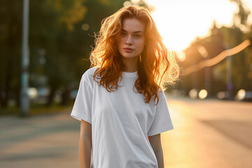 Woman with red hair, wearing a white t-shirt against a blurred city background. Golden hour sunset light.
