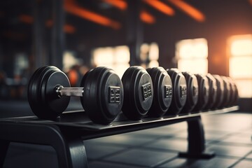 Rows of black dumbbells in a fitness center. generative AI