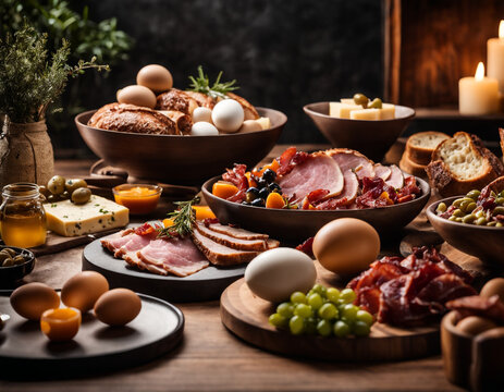 This image showcases a lavish spread of various gourmet foods arranged on a wooden table, creating an inviting and appetizing scene.