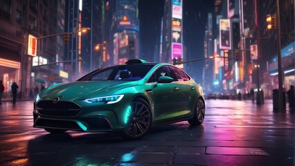 Fototapeta na wymiar Green Sports Car Parked on Illuminated Urban Street at Night Reflecting Neon Lights
