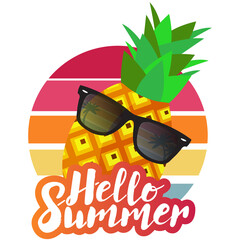 Hello Summer pineapple with glasses with retro sun background