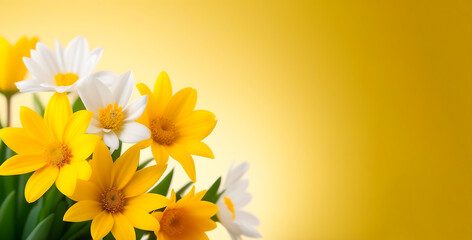 Yellow and white flowers on a light background. Copy place. Floral banner.