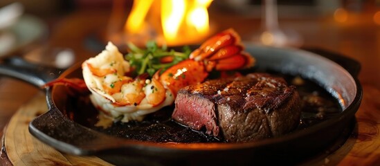 As the hungry diner eagerly awaited their order, a sizzling plate emerged from the kitchen, adorned with a perfectly cooked filet mignon steak and a succulent lobster tail, making for a tantalizing