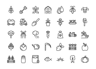 Organic farm thick line art icons set