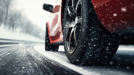 Snowy winter road with red sports car. Driving on winter highway. - obrazy, fototapety, plakaty
