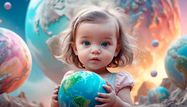 Planet Earth in the children's hands of a beautiful touching baby.