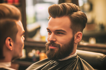 a handsome model man with a beard in the hairdresser barbershop salon gets a new haircut trim and style it. sitting on the chair and talks to the hairstylist barber. guy smiling.