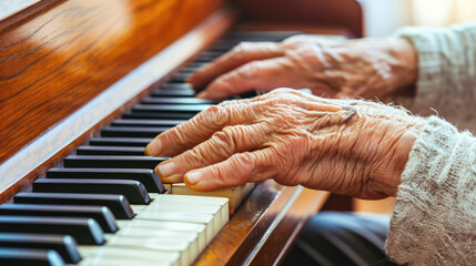 Elderly hands of a musician playing a faulty piano. - obrazy, fototapety, plakaty