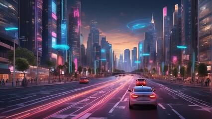 Fototapeta na wymiar Futuristic Cityscape at Dusk with Illuminated Skyscrapers, Neon Lights, Cars on Wide Avenue, Sky