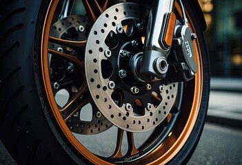 Close up of the front wheel of a sport motorcycle with brake disc