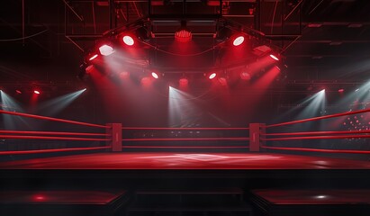 Illuminated professional boxing ring surrounded by bright lights, ready to fight - stage for champions