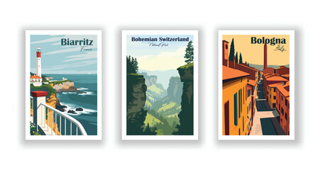 Biarritz, France. Bohemian Switzerland, National Park. Bologna, Italy - Vintage Travel Posters - obrazy, fototapety, plakaty