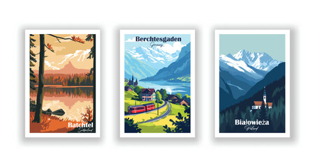 Batchtel, Switzerland. Berchtesgaden, Germany. Białowieża, Poland - Vintage Travel Posters