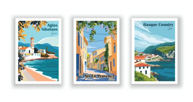 Agios Nikolaos, Greece Aix En Provence, France. Basque Country, Spain. Vintage travel poster. Wall Art and Print Set for Hikers, Campers, and Stylish Living Room Decor