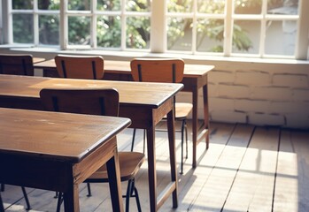 A traditional classroom with wooden chairs and a chalkboard, illuminated by natural light - a favorable environment for learning and development - obrazy, fototapety, plakaty