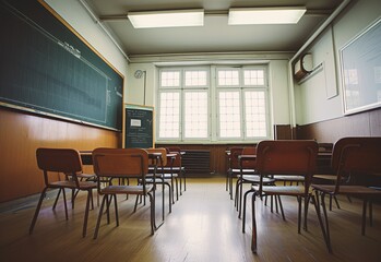 A traditional classroom with wooden chairs and a chalkboard, illuminated by natural light - a favorable environment for learning and development