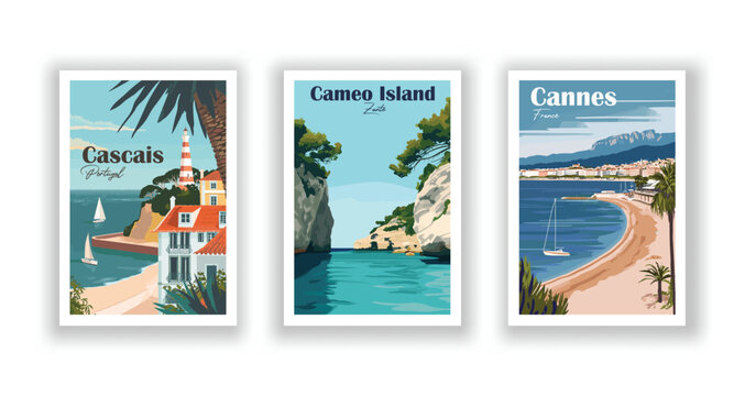 Cameo Island, Zante. Cannes, France. Cascais, Portugal - Vintage Travel Posters