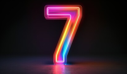 Futuristic neon glow: bright multi-colored number 7 illuminated on a dark background