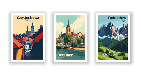 Częstochowa, Poland. Deventer, Netherlands. Dolomites, Italy - Vintage Travel Posters