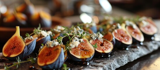 The platter was beautifully arranged, showcasing the vibrant colors of the figs stuffed with blue cheese and thyme, perfectly seasoned with a drizzle of sweet honey. - obrazy, fototapety, plakaty